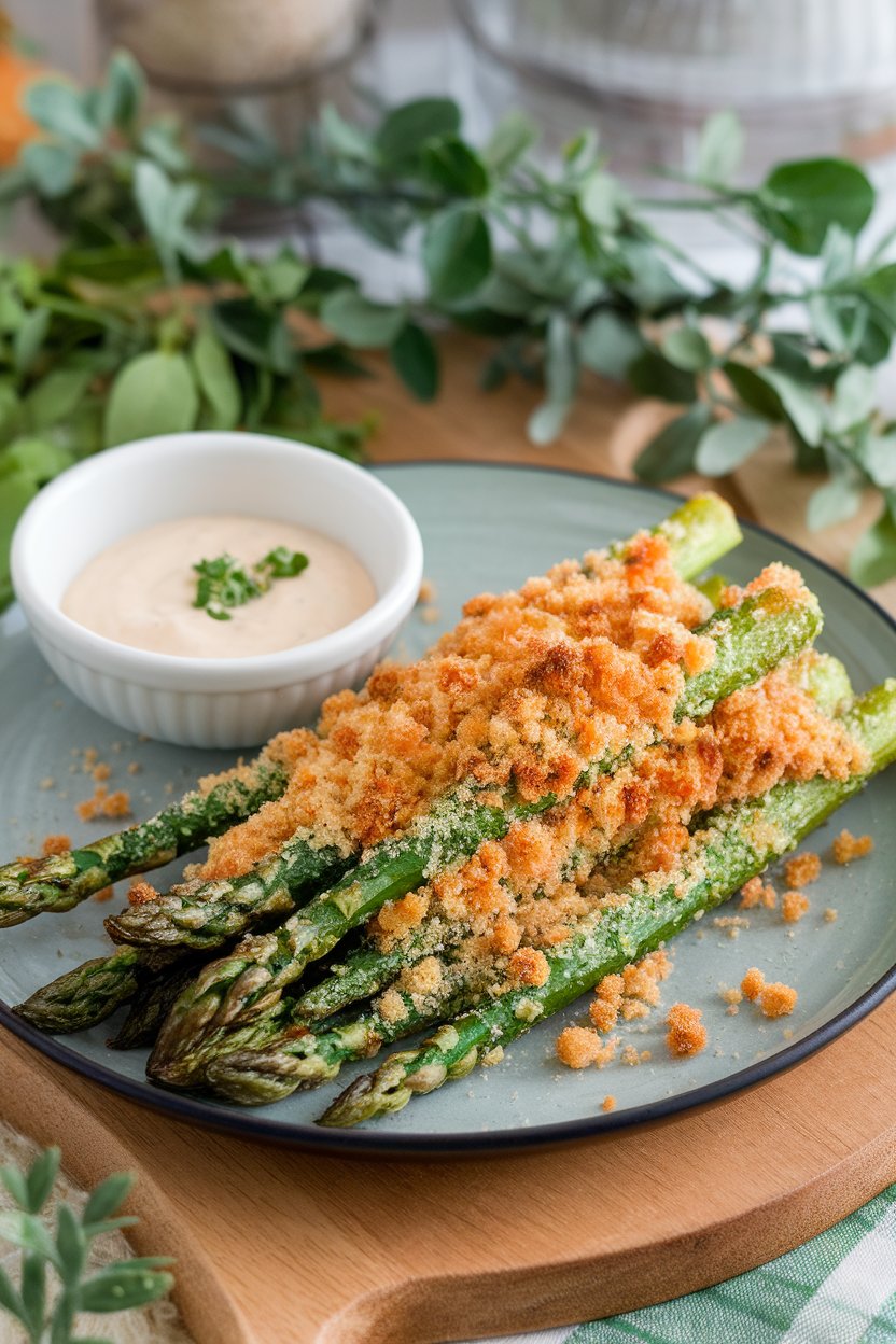 Indoor food photo of roasted asparagus spears coated in parmesan and breadcrumbs, served on a plate with a small bowl of dipping sauce; no text or logos.