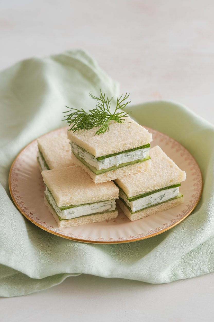 Indoor food photo of small crustless cucumber tea sandwiches stacked on a plate, with visible herbed cream cheese filling; soft pastel linens; no text or logos.