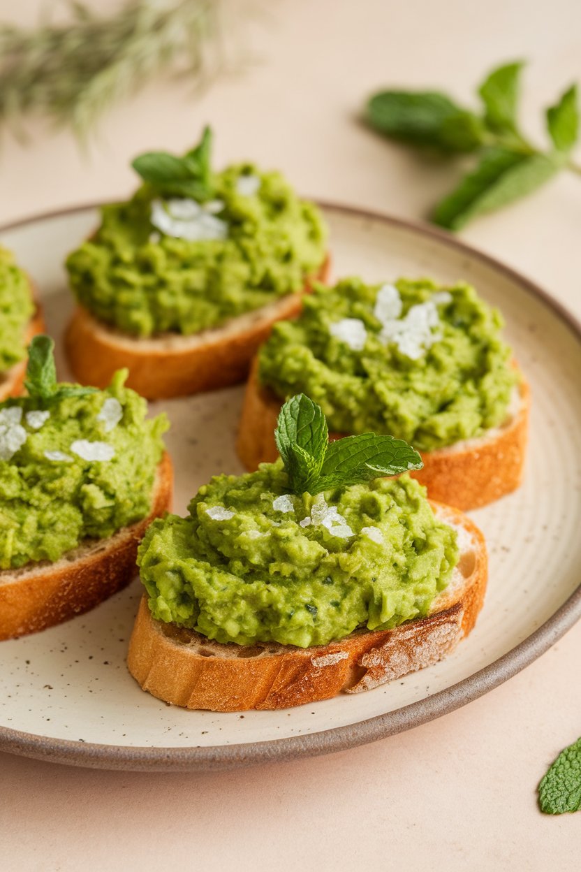 Indoor food photo of toasted crostini topped with a bright green smashed pea and mint spread, finished with flaky salt and a few mint leaves; on a ceramic plate; no text or logos.