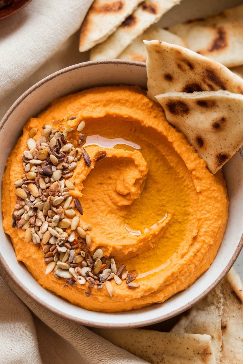 Indoor food photo of a bowl of smooth roasted carrot hummus (warm orange color) topped with olive oil and toasted seeds, with pita wedges nearby; no text or logos.