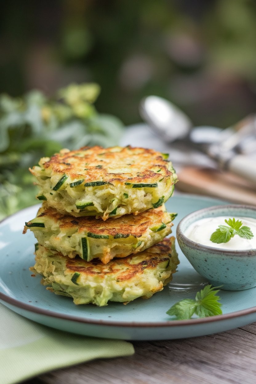 Indoor food photo of golden zucchini fritters stacked on a plate with a small bowl of lemon yogurt sauce; no text or logos.