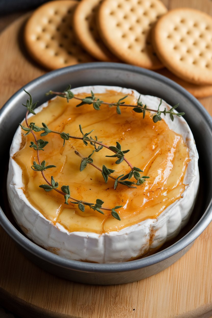 Indoor food photo of a round baked brie in a small baking dish, honey drizzled on top with fresh thyme sprigs, served with crackers; no text or logos.