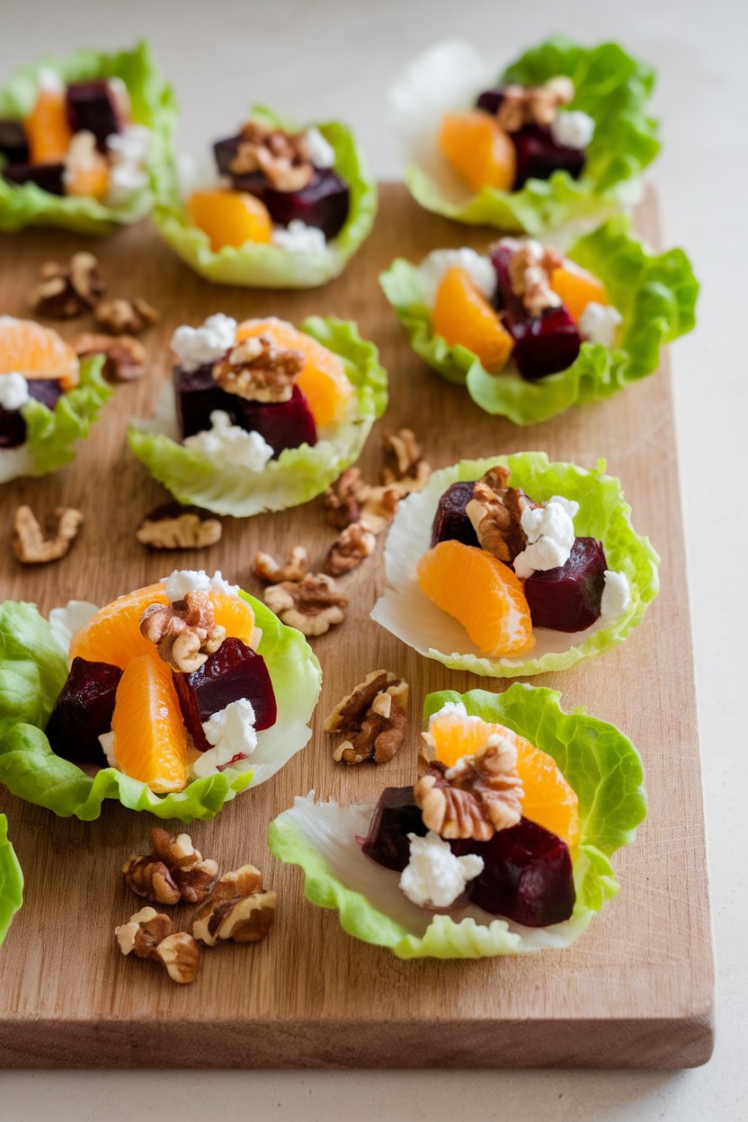 Indoor food photo of small lettuce cups filled with roasted beet cubes, orange segments, and crumbled goat cheese; clean bright lighting; no text or logos.