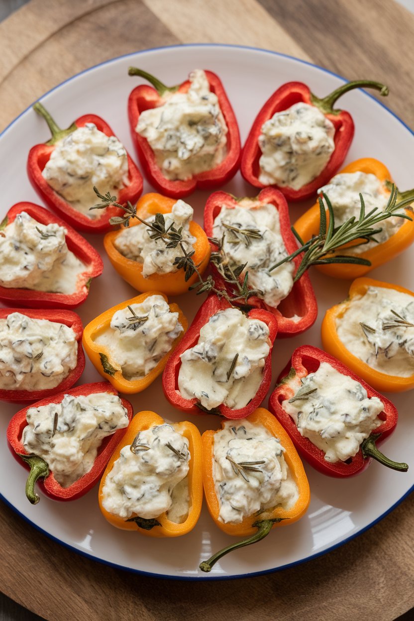 Indoor food photo of halved mini bell peppers stuffed with a creamy herbed cheese filling, arranged on a platter; no text or logos.