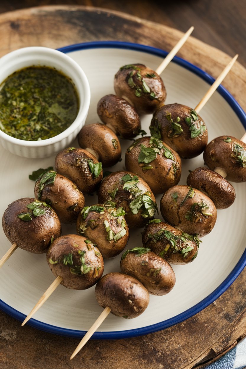 Indoor food photo of roasted mushroom skewers glazed with herbs and olive oil on a plate, with a small bowl of chimichurri-style herb sauce; no text or logos.