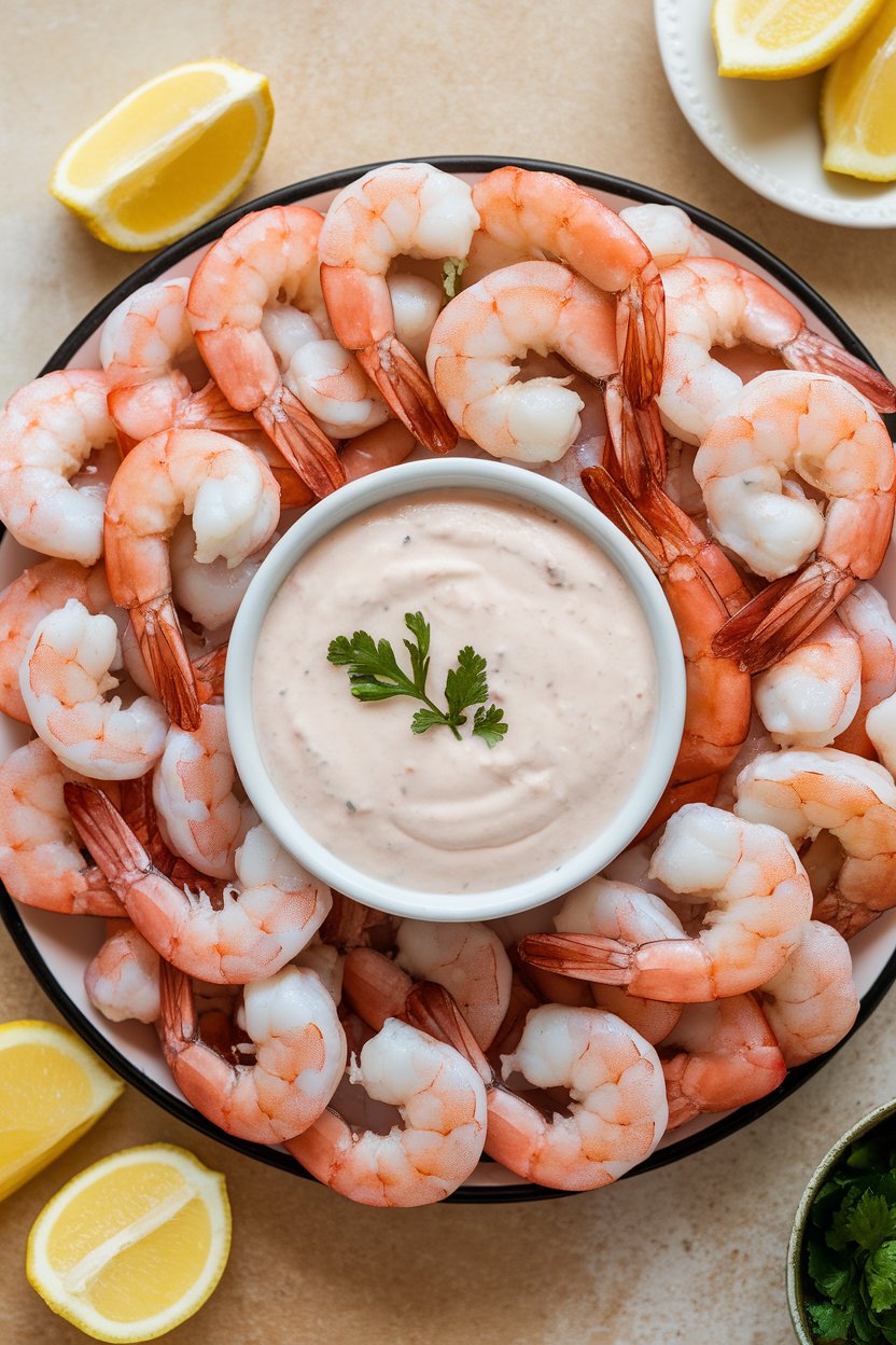 Indoor food photo of a platter of cooked chilled shrimp arranged around a bowl of citrus horseradish cocktail sauce, lemon wedges on the side; no text or logos.