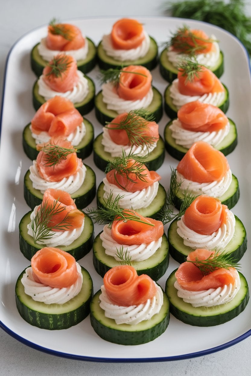 Indoor food photo of thick cucumber rounds topped with a swirl of cream cheese, folded smoked salmon, and fresh dill; arranged on a white platter; no text or logos.