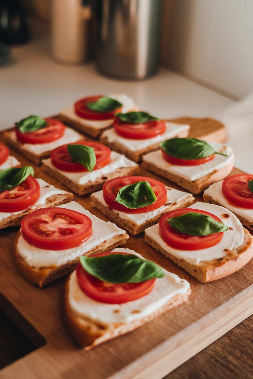 Indoor food photo of small slices of margherita flatbread with melted mozzarella, tomato, and basil on a cutting board; no text or logos.