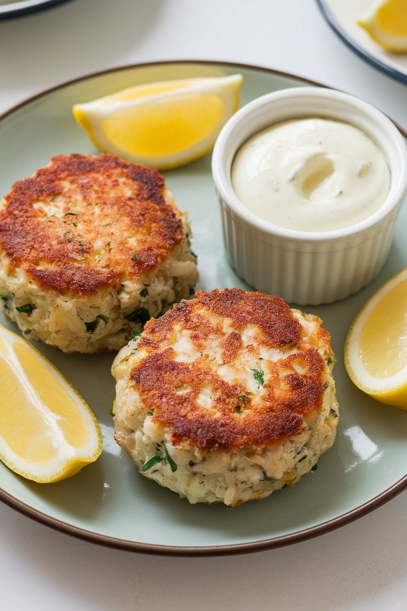 Indoor food photo of two cooked crab cakes with a browned crust on a plate, lemon wedges and a ramekin of aioli; no text or logos.
