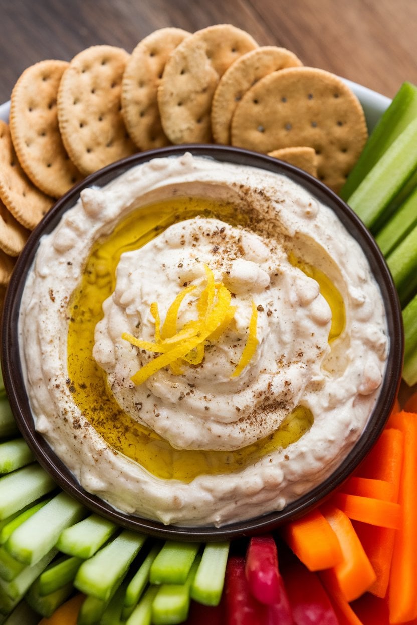 Indoor food photo of a bowl of creamy white bean dip topped with lemon zest, olive oil, and cracked pepper, with crackers and vegetable sticks; no text or logos.