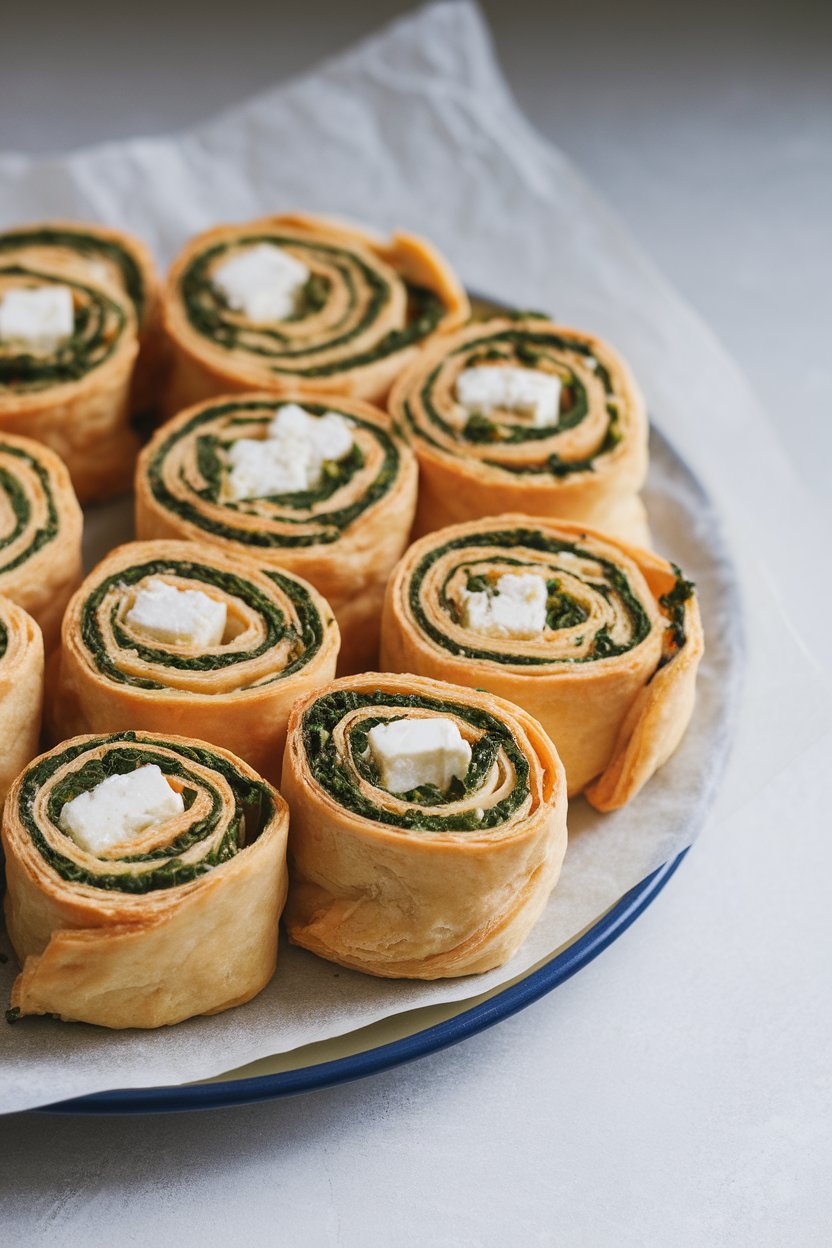 Indoor food photo of flaky puff pastry pinwheels filled with spinach and feta, arranged on parchment on a plate; no text or logos.