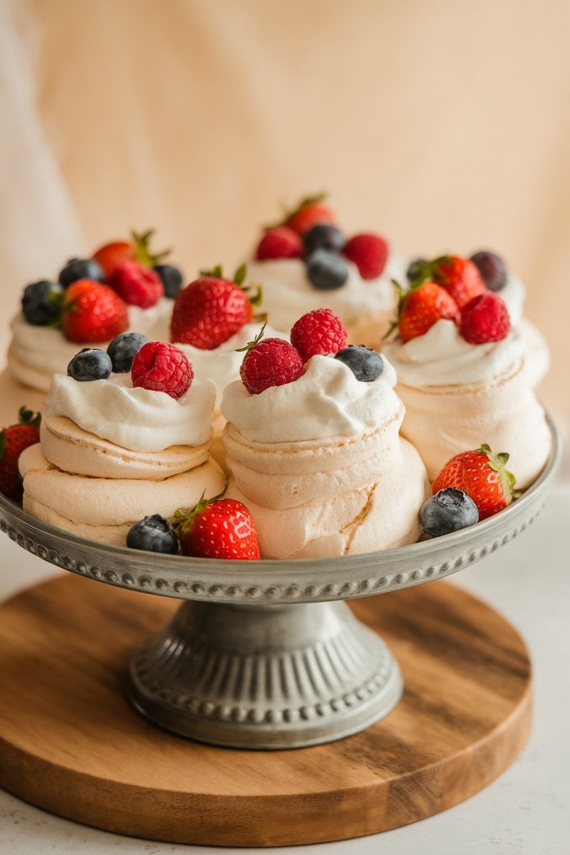 Indoor food photo of mini pavlovas topped with whipped cream and mixed berries (strawberries, blueberries, raspberries) on a serving platter; soft indoor lighting; no text or logos.