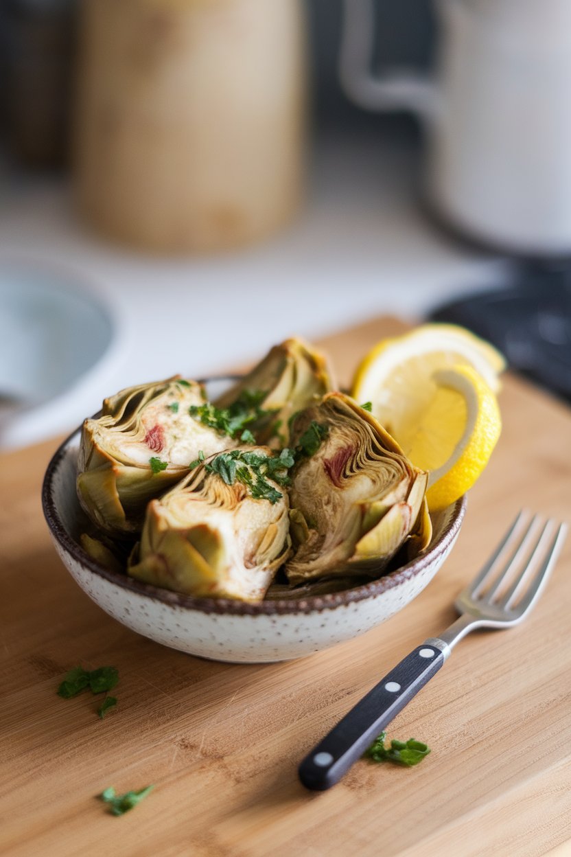 Indoor food photo of a small bowl of marinated artichoke hearts with chopped parsley and lemon slices, with a small fork; no text or logos.