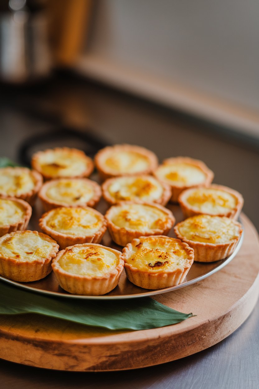 Indoor food photo of mini quiches with golden tops on a platter, with visible leek and cheese filling; soft kitchen lighting; no text or logos.