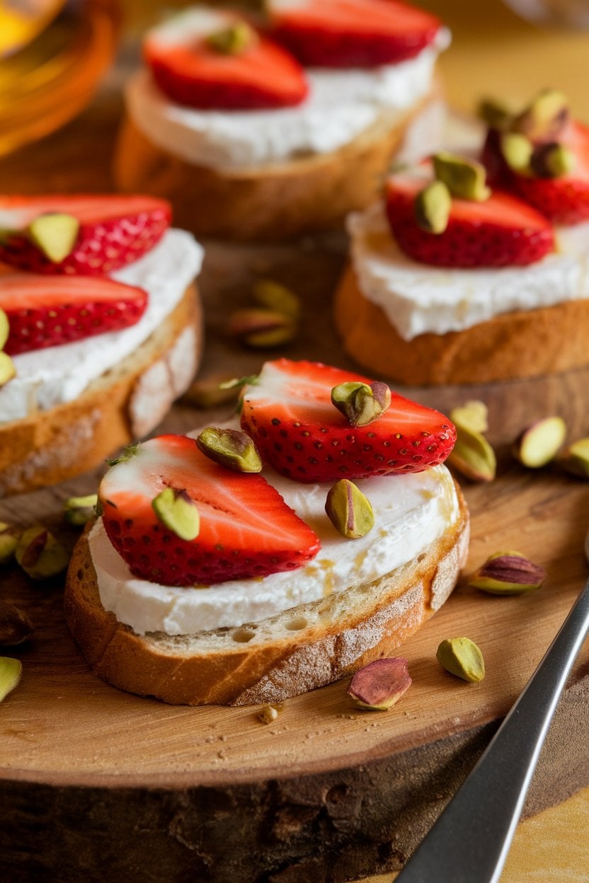 Indoor food photo of crostini topped with goat cheese, sliced strawberries, chopped pistachios, and a light honey drizzle; warm indoor lighting; no text or logos.