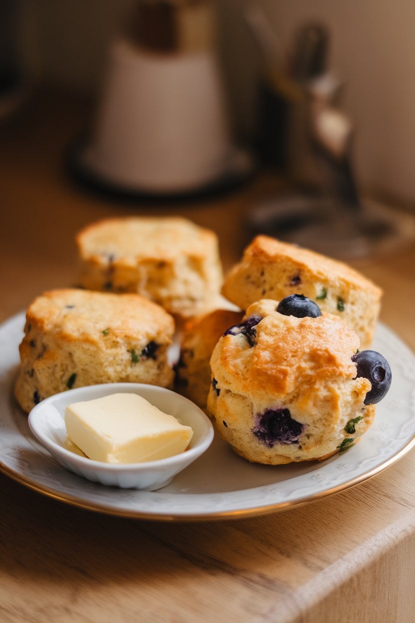 Indoor food photo of a plate with two kinds of scones (blueberry and cheddar-chive) next to a small dish of butter; soft warm light; NO TEXT OR LOGOS.