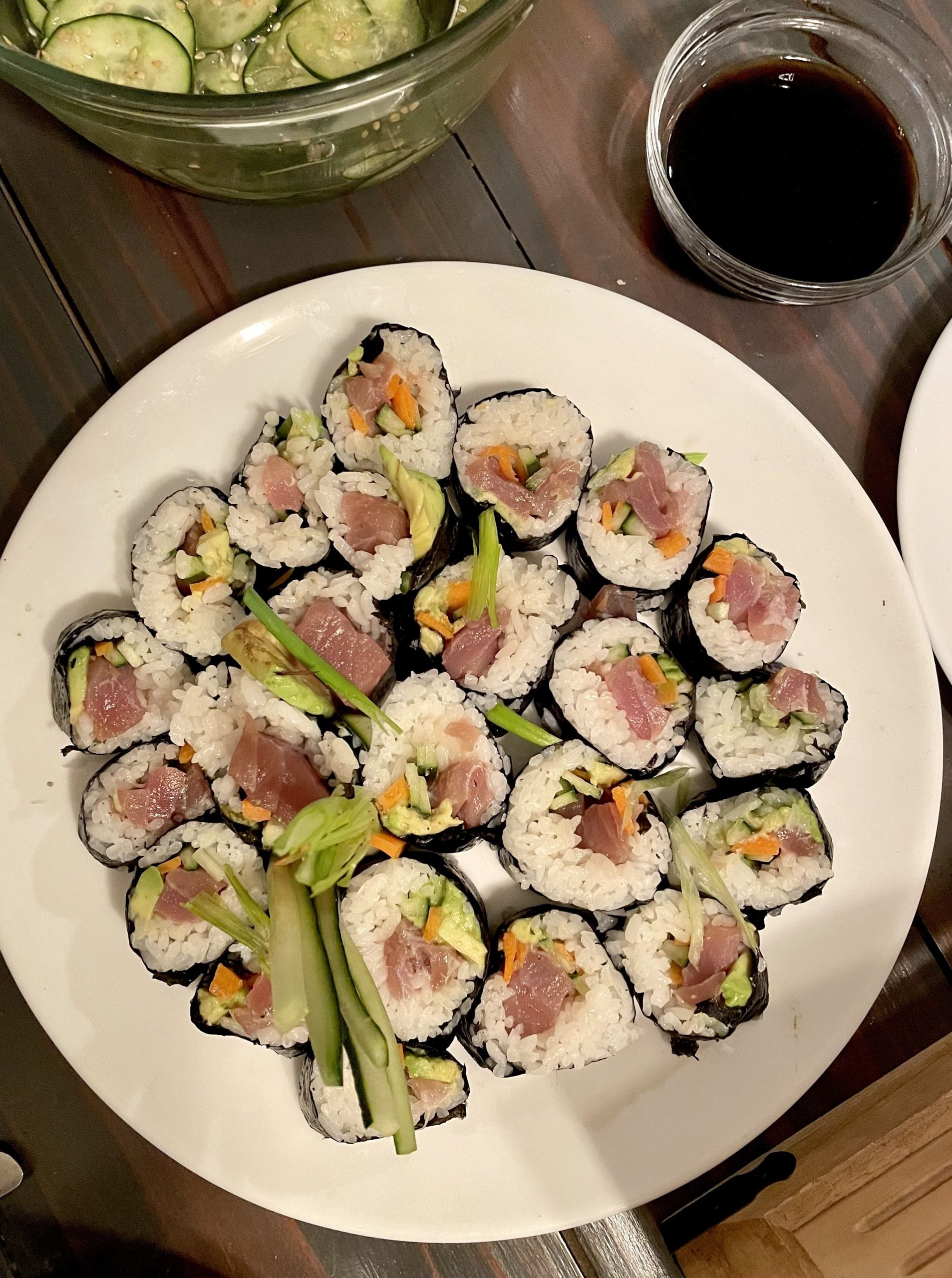 Veggie Sushi Rolls (Cucumber + Avocado) + Low-Sodium Soy Sauce